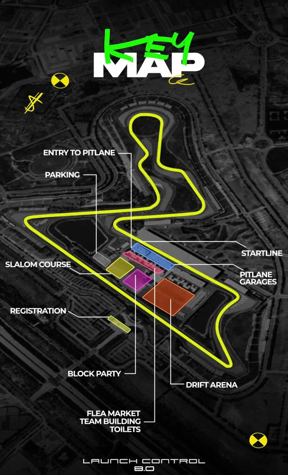 Launch Control 8.0 arena key map — pit lane entry, parking, startline, slalom course, pitlane garages, registration, block party, drift arena, flea market